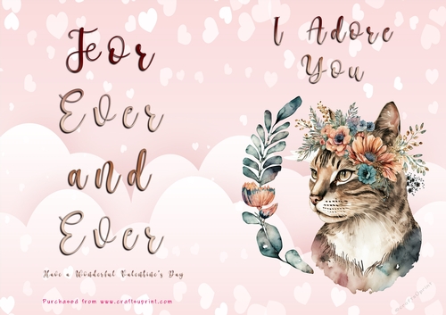 No Cut Just Print Valentines Day Card - I Adore You - Cat