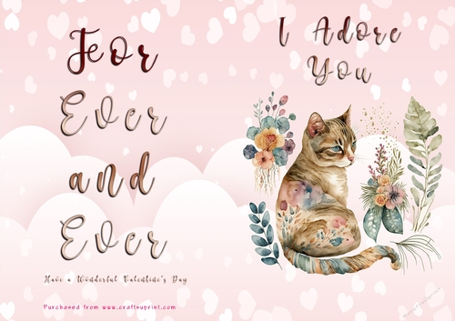 No Cut Just Print Valentines Day Card - I Adore You - Cat