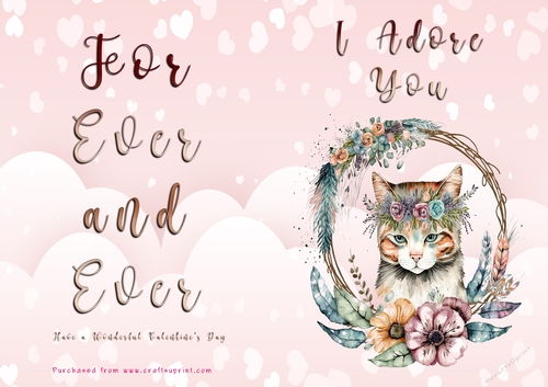 No Cut Just Print Valentines Day Card - I Adore You - Cat