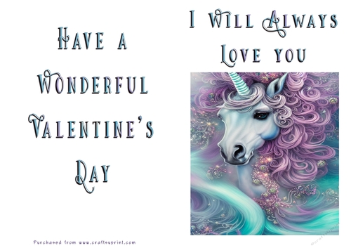 No Cut Just Print Valentines Day Card - Unicorn