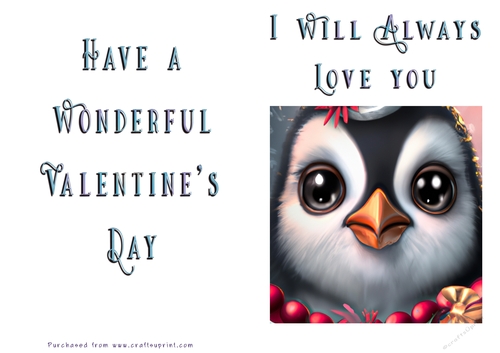 No Cut Just Print Valentines Day Card - Penguin