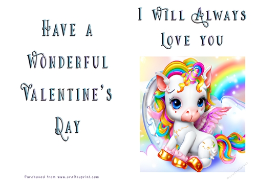 No Cut Just Print Valentines Day Card - Unicorn
