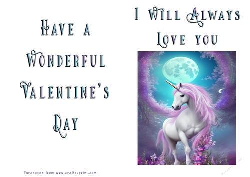 No Cut Just Print Valentines Day Card - Unicorn