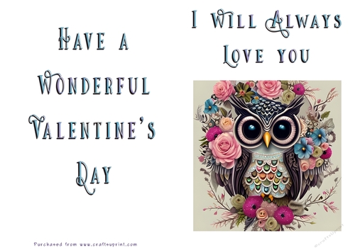 No Cut Just Print Valentines Day Card - Owl