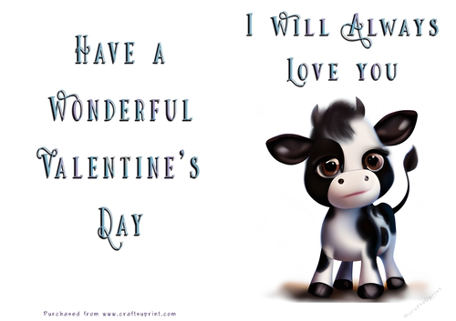 No Cut Just Print Valentines Day Card - Cute Cow