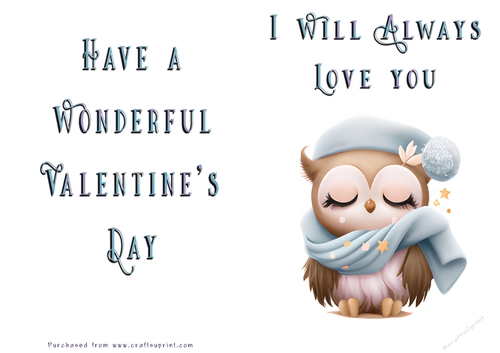 No Cut Just Print Valentines Day Card - Cute Owl