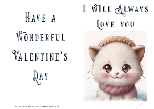 No Cut Just Print Valentines Day Card - Cute Kitten