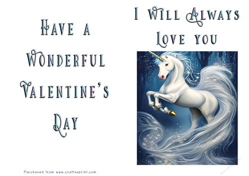No Cut Just Print Valentines Day Card - Fantasy Unicorn