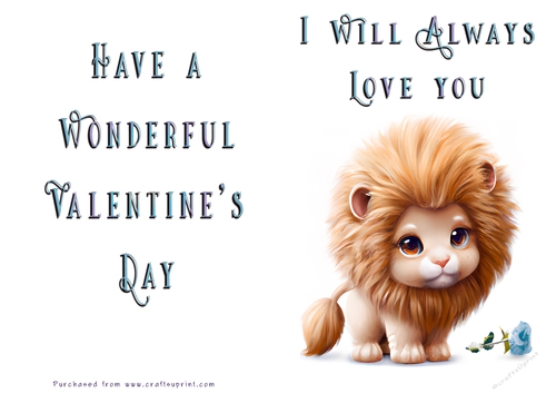 No Cut Just Print Valentines Day Card - Cute Lion