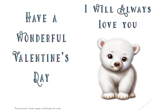 No Cut Just Print Valentines Day Card - Cute Polar Bear