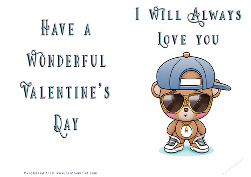 No Cut Just Print Valentines Day Card - Teddy