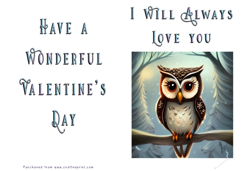 No Cut Just Print Valentines Day Card - Owl