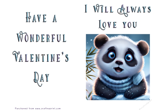 No Cut Just Print Valentines Day Card -Cute Panda