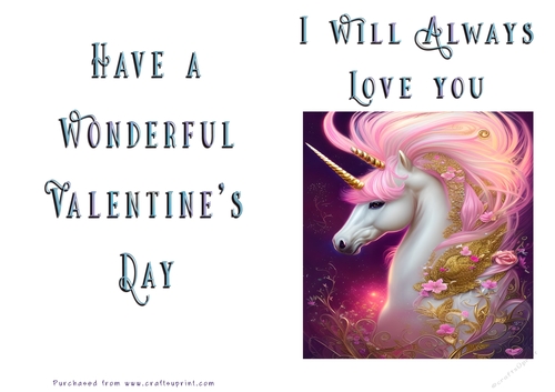 No Cut Just Print Valentines Day Card - Cute Unicorn