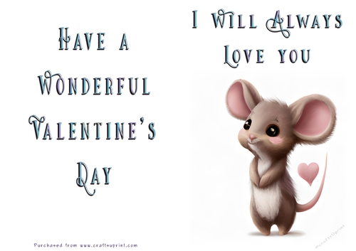 No Cut Just Print Valentines Day Card -Cute Mouse