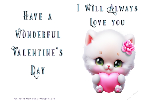 No Cut Just Print Valentines Day Card -Cute Kitten