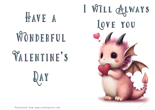 No Cut Just Print Valentines Day Card -Cute Dragon