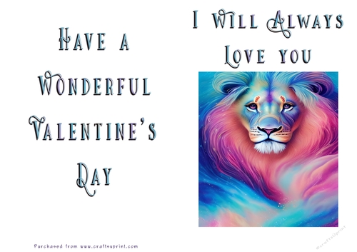 No Cut Just Print Valentines Day Card -Fantasy Lion