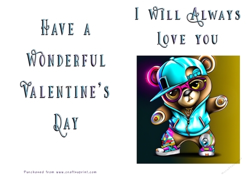 No Cut Just Print Valentines Day Card -Teddy
