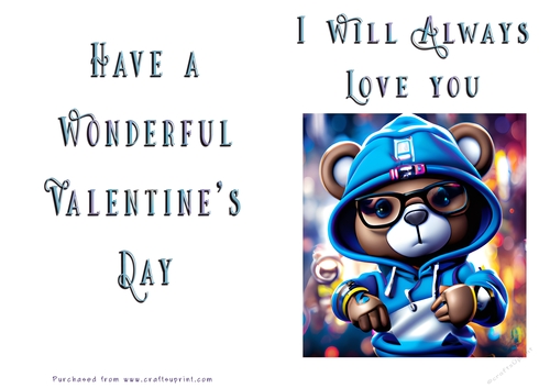 No Cut Just Print Valentines Day Card -Teddy