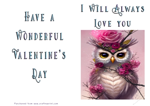 No Cut Just Print Valentines Day Card -Fantasy  Owl
