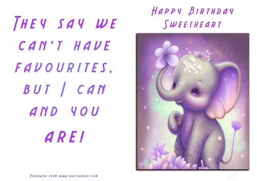 No Cut Just Print Birthday Card - Cute Elephant