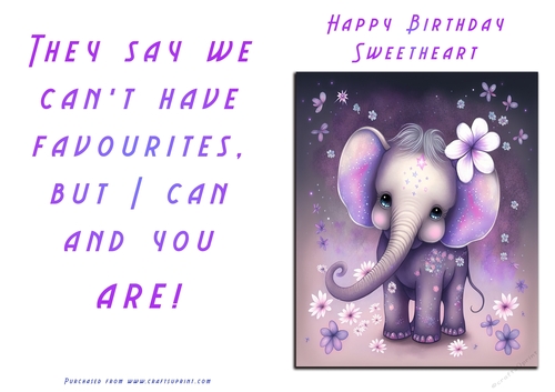 No Cut Just Print Birthday Card - Cute Elephant