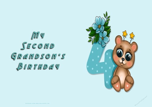No Cut Just Print Birthday Card - My Second Grandson 4 Cute Bear