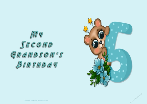 No Cut Just Print Birthday Card - My Second Grandson 5 Cute Bear
