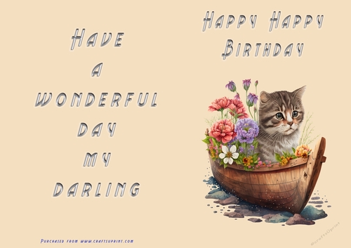 No Cut Just Print Birthday Card - Happy Happy Birthday Cute cat