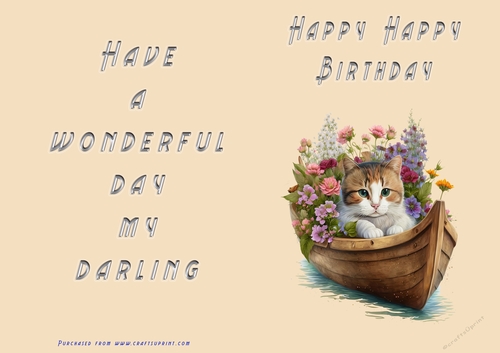No Cut Just Print Birthday Card - Happy Happy Birthday Cute cat