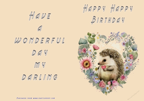 No Cut Just Print Birthday Card - Happy Happy Birthday Cute Hedgehog
