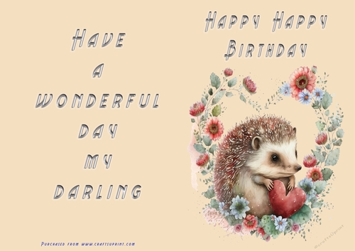 No Cut Just Print Birthday Card - Happy Happy Birthday Cute Hedgehog