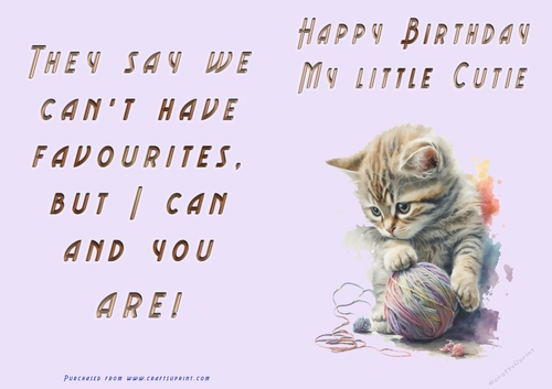 No Cut Just Print Birthday Card - Happy Birthday My Little Cutie