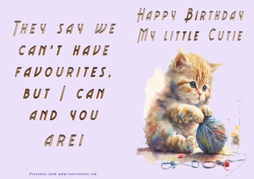 No Cut Just Print Birthday Card - Happy Birthday My Little Cutie