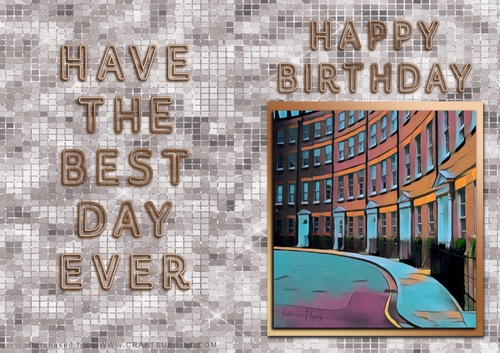 NCJP - Happy Happy Birthday - London Houses Painting in gold frame