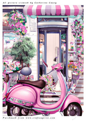 A4 AI Beautiful Paris Shop Fronts with a pink Scooter