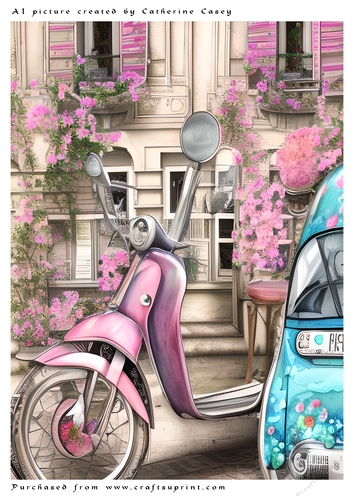 A4 AI Beautiful Paris Shop Fronts with a pink Scooter