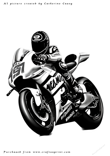 A4 AI Sketch of Fantasy Motorcycle Racer in Mono