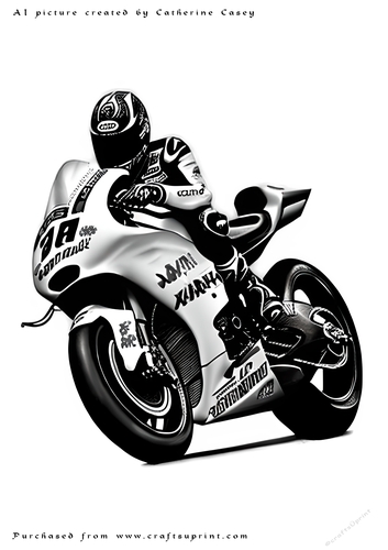 A4 AI Sketch of Fantasy Motorcycle Racer in Mono