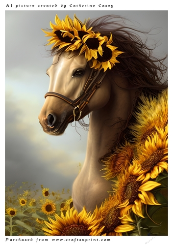 AI (Artificial Intelligence) A4 Beautiful Fantasy Picture of a Horse with Sunflowers