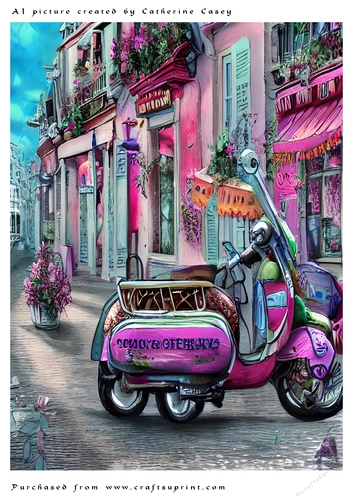 AI (Artificial Intelligence) A4 Beautiful Fantasy Picture of a Paris Shop Front with Vehicle
