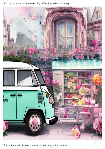 AI (Artificial Intelligence) A4 Beautiful Fantasy Picture of a Paris Shop Front with Vehicle