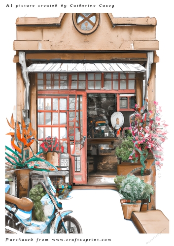 AI (Artificial Intelligence) A4 Beautiful Fantasy Picture of a Paris Shop Front with Vehicle