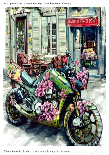 AI (Artificial Intelligence) A4 Beautiful Fantasy Picture of a Paris Shop Front with Vehicle