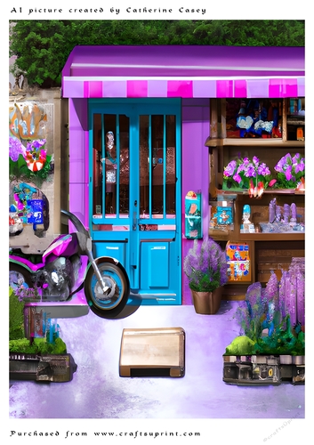 AI (Artificial Intelligence) A4 Beautiful Fantasy Picture of a Paris Shop Front with Vehicle