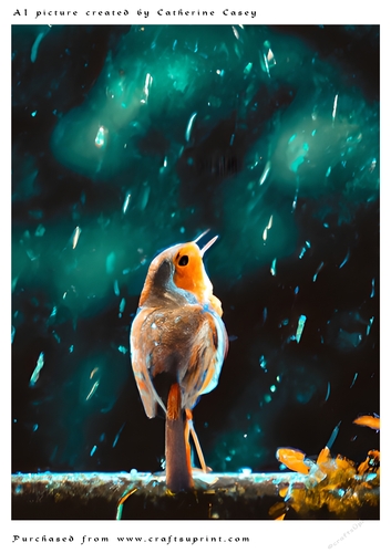 AI (Artificial Intelligence) A4 Beautiful Fantasy Picture of a Robin in the Rain