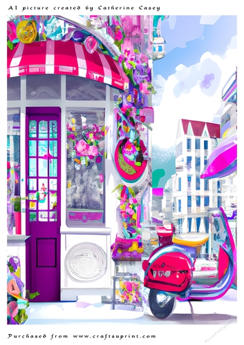 AI (Artificial Intelligence) A4 Beautiful Fantasy Picture of a Scooter outside a shop
