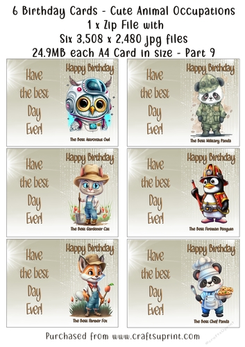 NCJP Set of 6 Birthday Cards - Animal Occupations - Pack 9