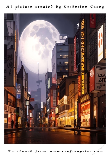 AI (artificial Intelligence) A4 Beautiful Picture of A Giant Moon shining  on a street